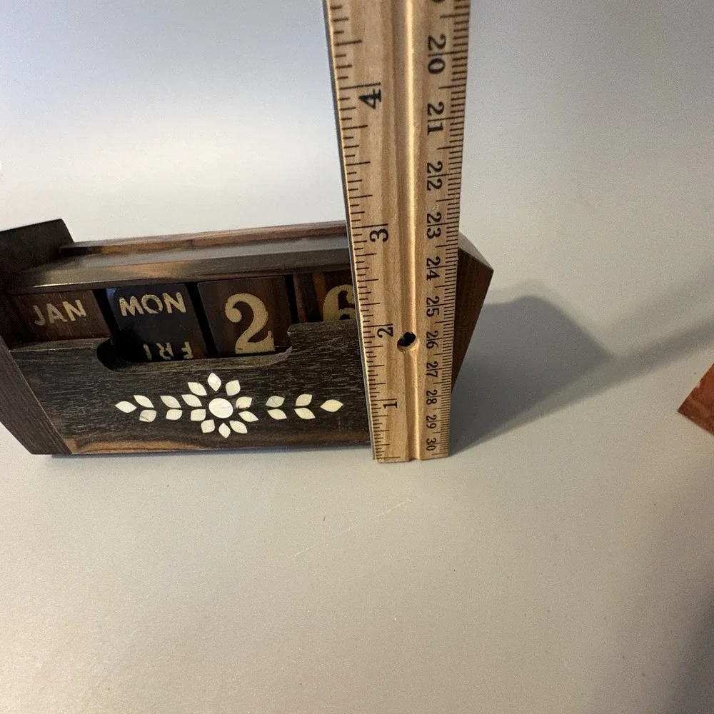 Vintage Wood and Mother of Pearl Perpetual Desk Calendar Solid Handmade MCM